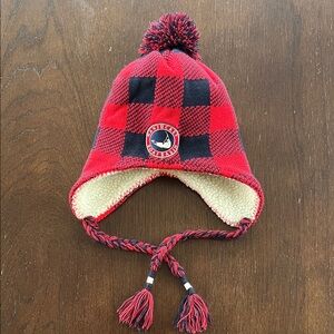 Nantucket Boat Basin Red & Navy blue Buffalo Plaid Earflap Beanie with Pom